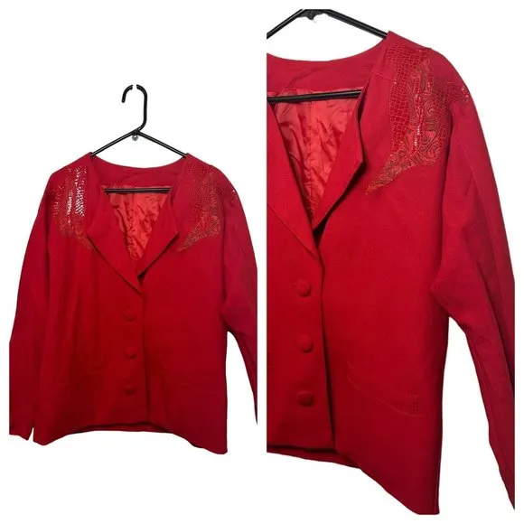 VTG Moza New York 100% Wool Leather Red Ladies Button Blazer Measurements Below Size undefined - Image 2