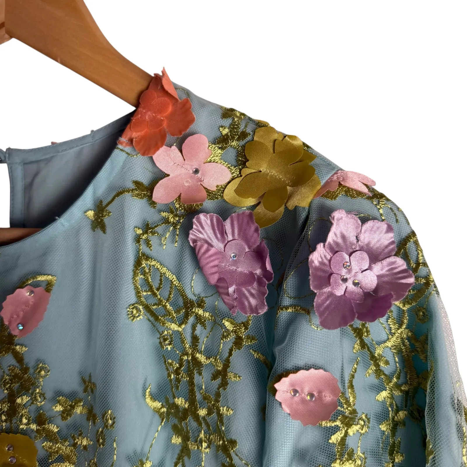 Mestiza Flora Blue 3D Floral Appliqué Flare Sleeve Cocktail Mini Dress Size M Size M - Image 5