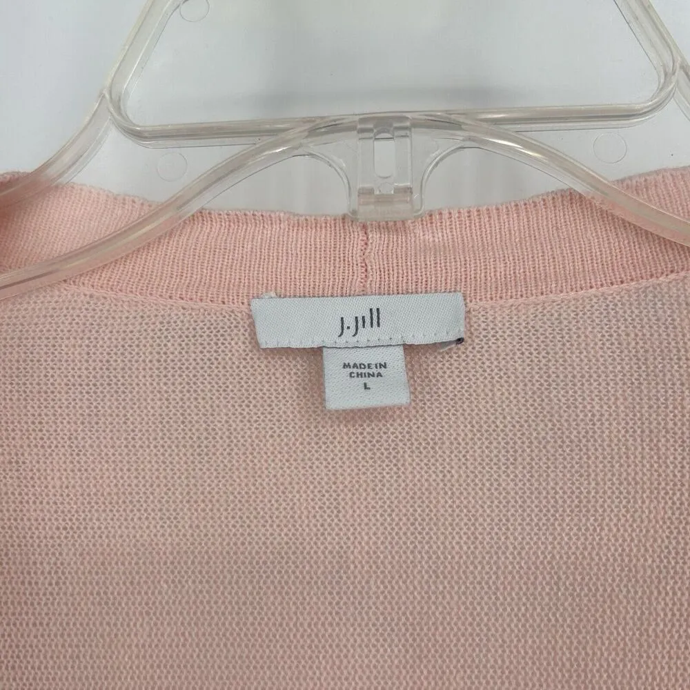 J Jill Linen Blend Open Front Cardigan Long Line Light Pink Fringe Sleeve Size L - Image 10