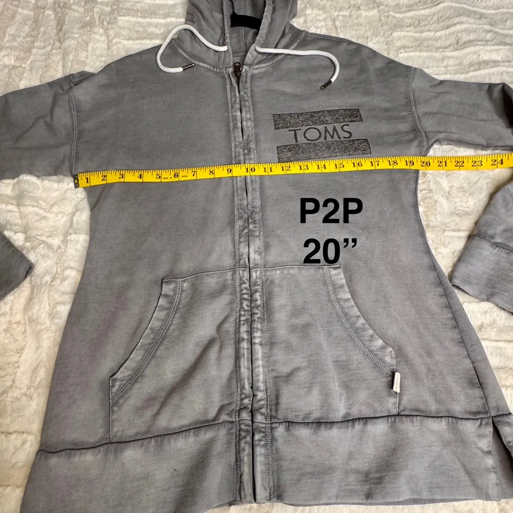 TOMS Women's Large ZIP-UP‎ HOODIE Gray 100% Cotton Longer Length - Image 8
