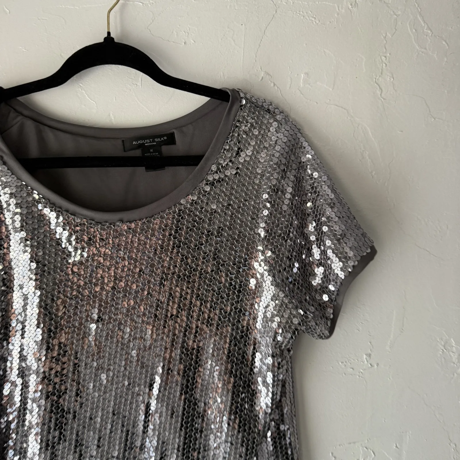 August Silk Shirt Vintage 90s 1X Gray Silver Sequin‎ Party Top Swifty Disco - Image 2