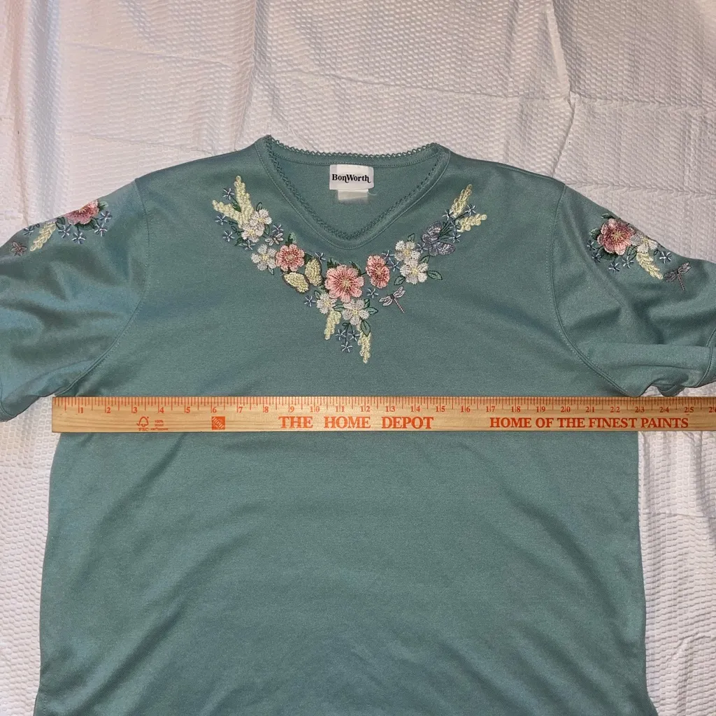 Vintage BonWorth green Floral Embroidered Short Sleeve Top XL - Image 3