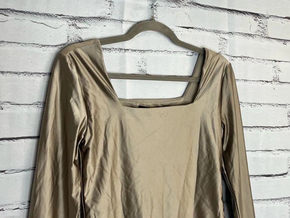 House of Harlow 1960 Taupe Silky Long‑Sleeve Bodysuit S High‑Neck Stretch Luxury Tan - Image 3