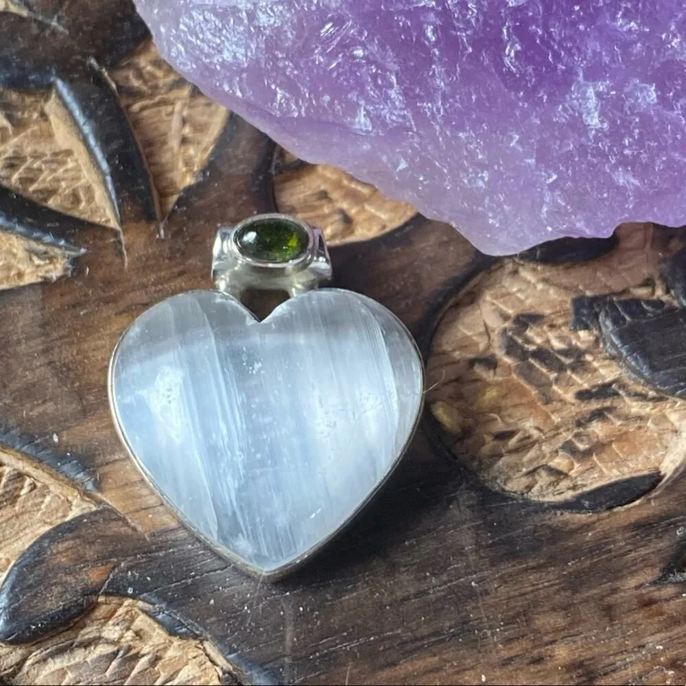 Selenite and Chrome Diopside Solid Sterling Silver Pendant Green - Image 7