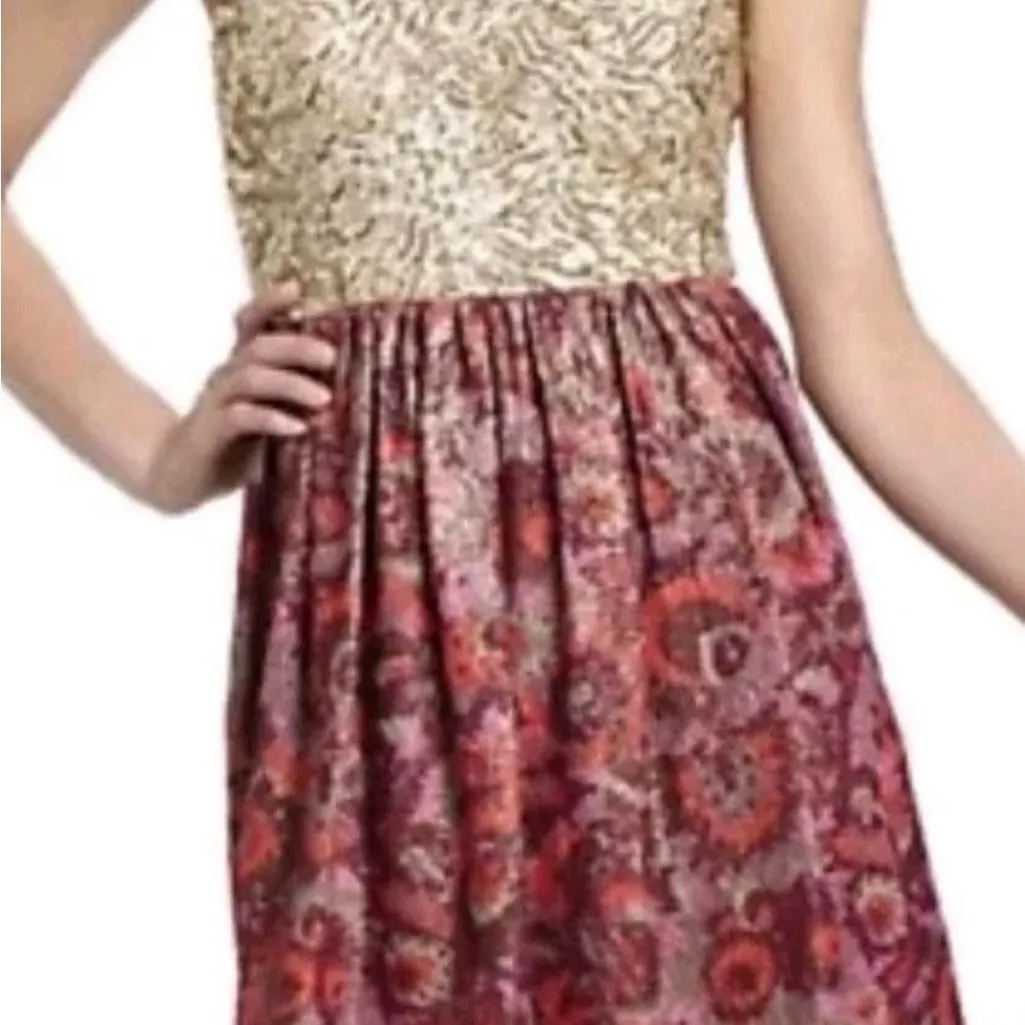 Anthropologie Wren Gold Sequin Floral Jacquard Cocktail Dress Size Medium Bling - Image 16