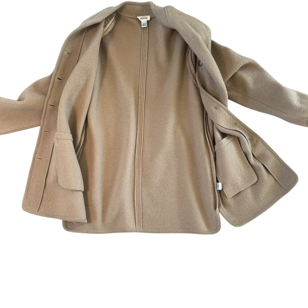 Vintage  Long Mid Length Wool Jacket Tan Mandarin Collar Buttons L Preppy - Image 5