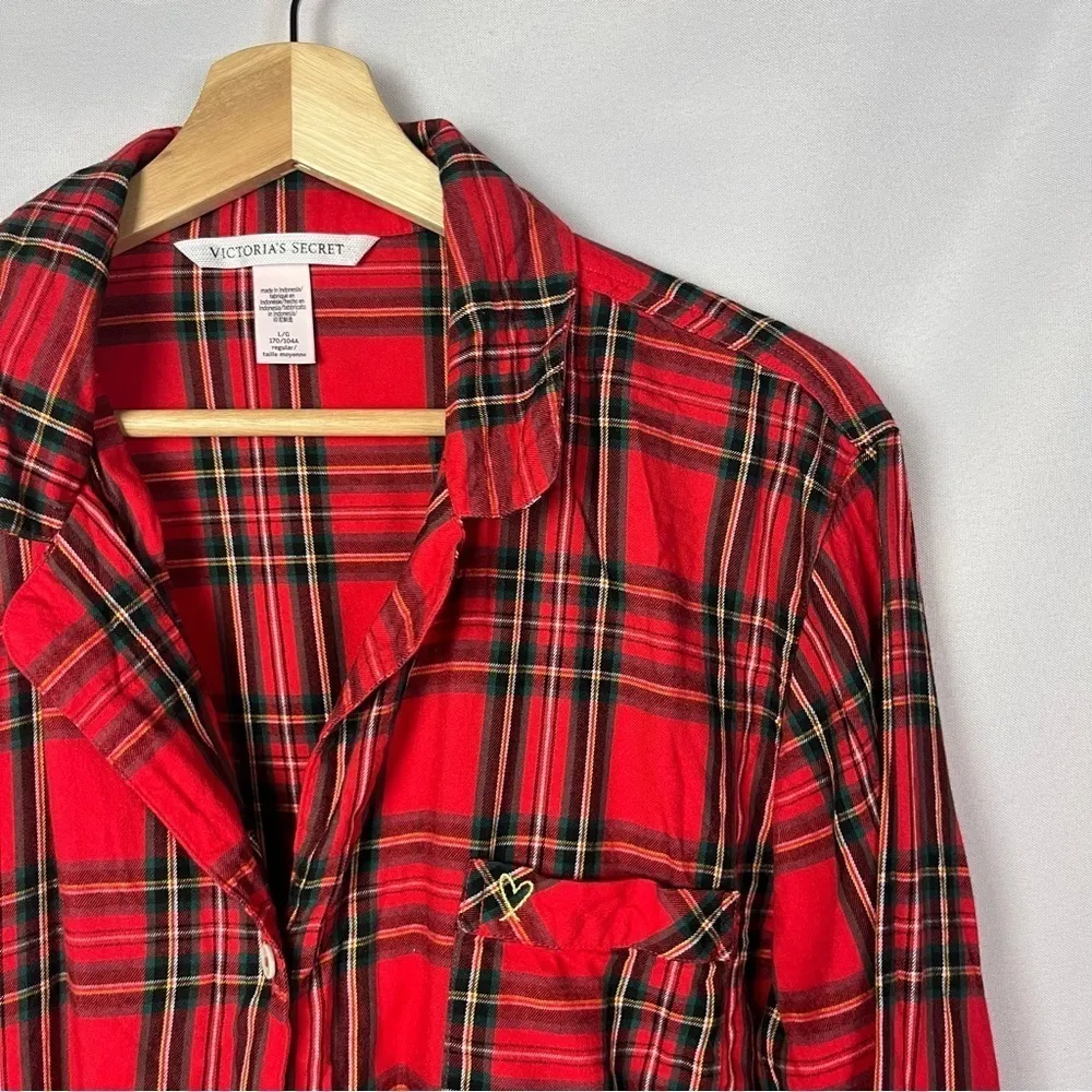 Victoria's Secret Red & Green Plaid Flannel Button Down Pajama Top L - Image 3