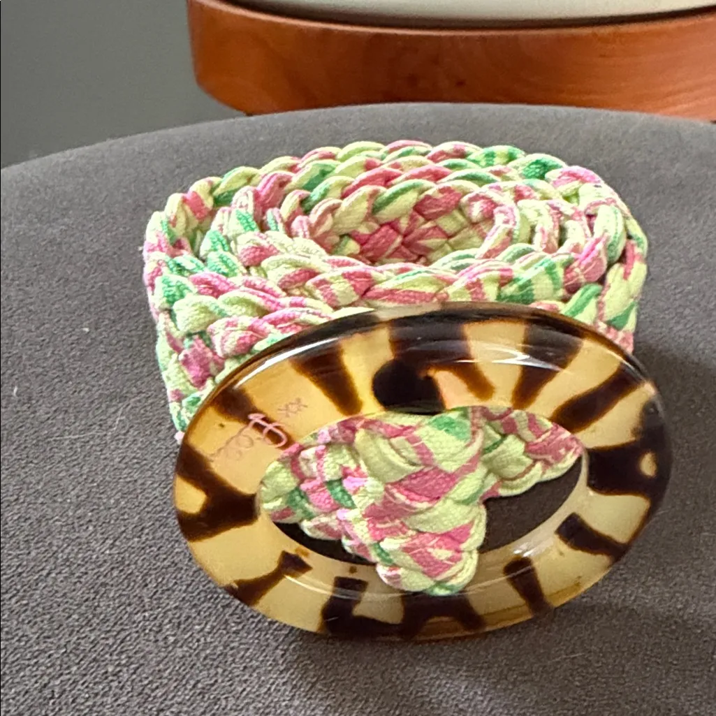 Lilly Pulitzer Vintage Pink and Green Braided Belt with Tortoise Buckle - Image 6