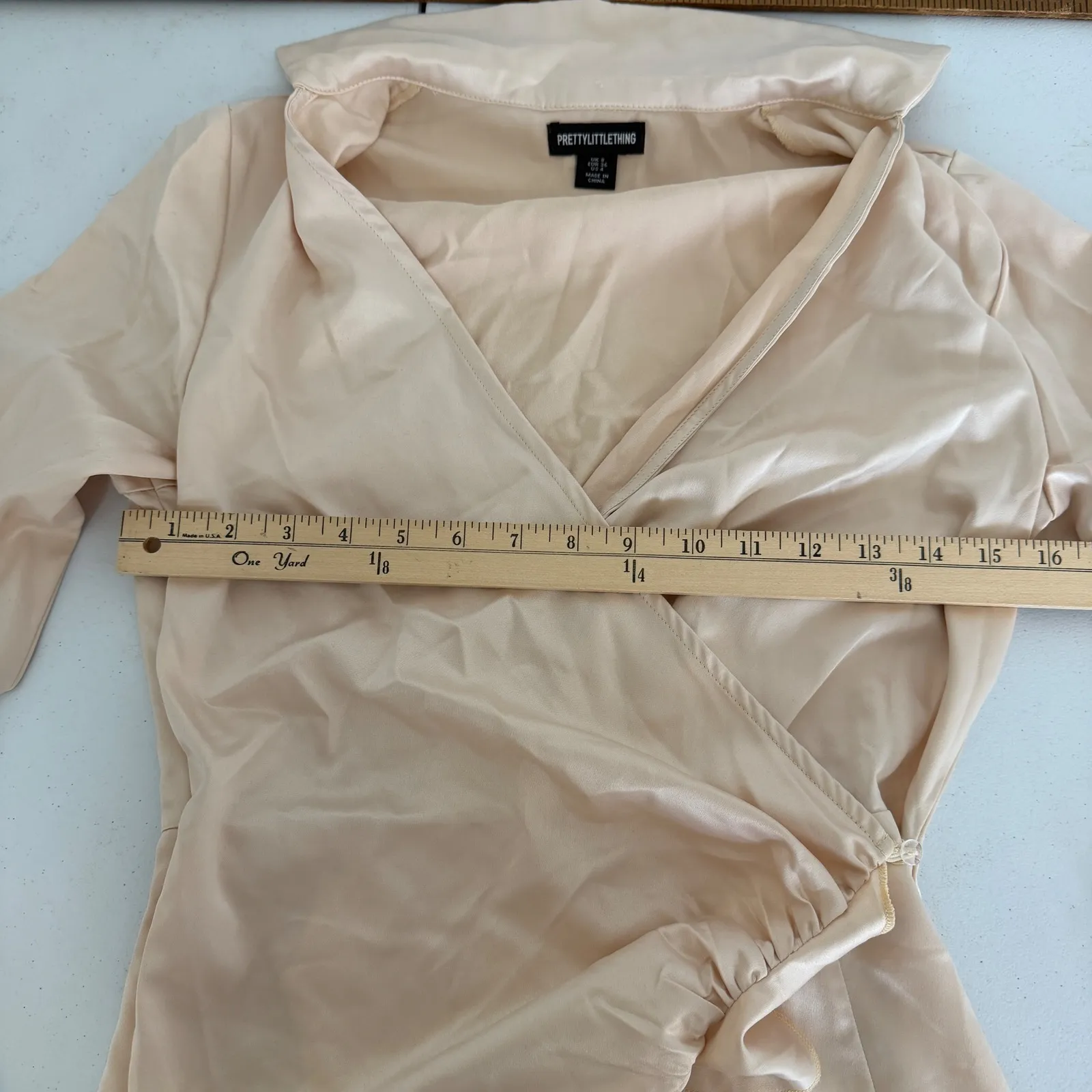 Prettylittlething Cream Satin Wrap Frill Dress Long Sleeve Womens 4 Ruffle - Image 11