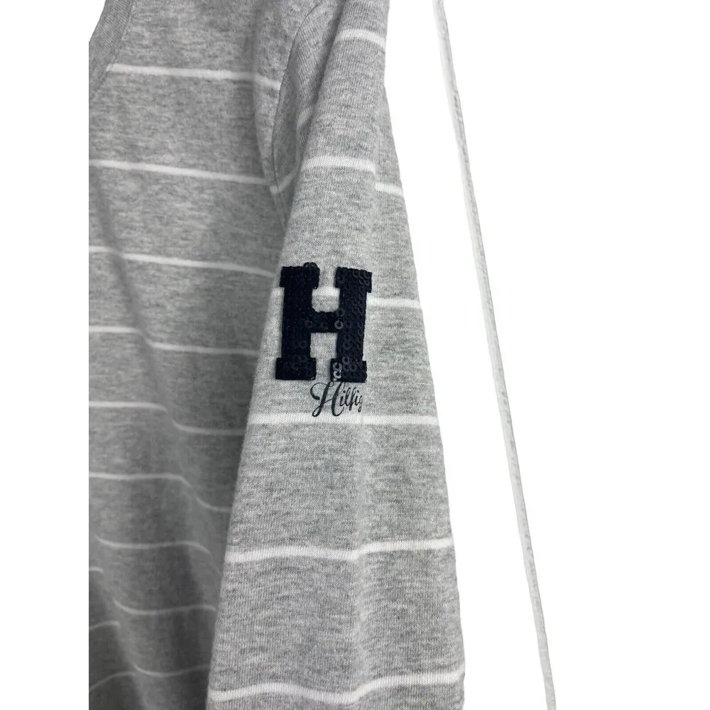 Tommy Hilfiger Y2K Grey Cotton Striped Pullover 3/4 Sleeve H Logo Top XL - Image 4