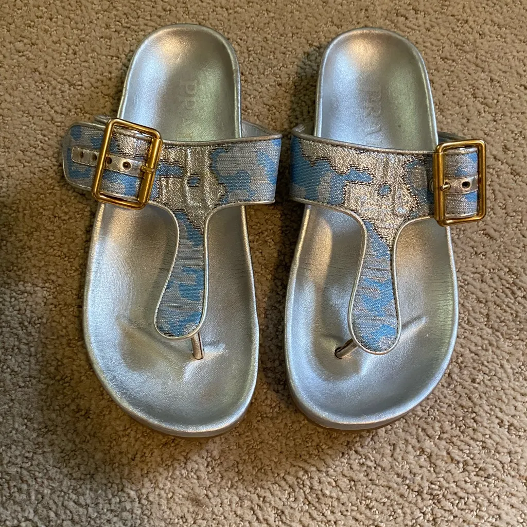Authentic Prada Brocade leather thong sandals metallic silver blue gold - Image 2
