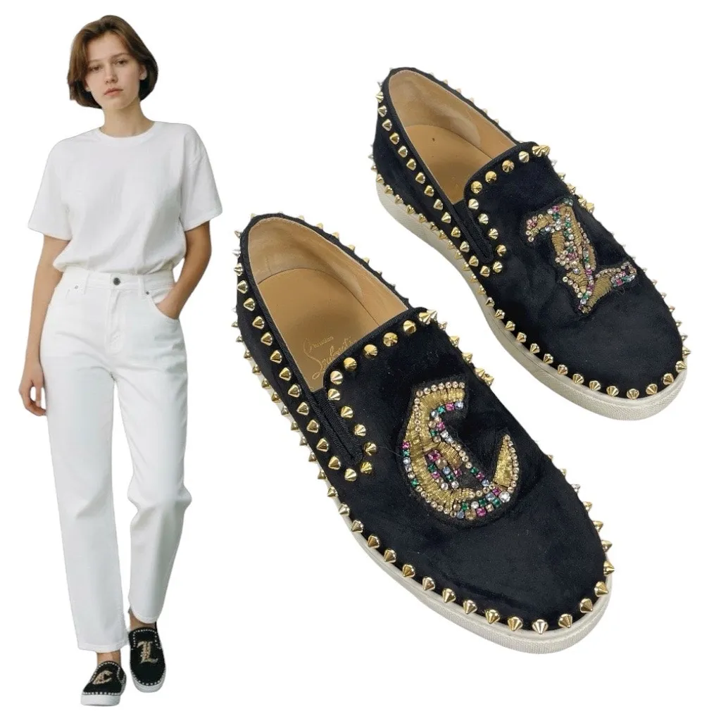 Christian Louboutin Pave Flat Veau Velour Spike Sneaker Black Size 38 - Image 2