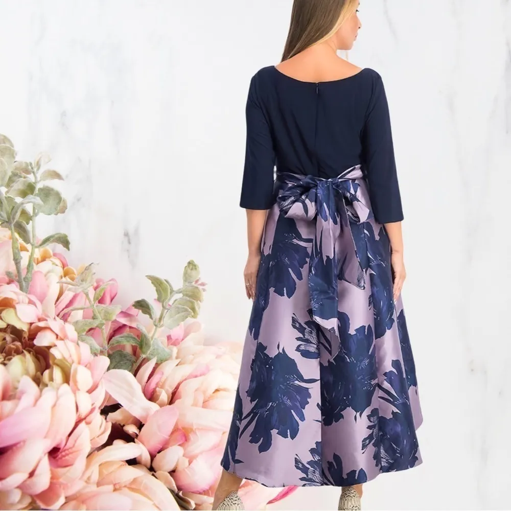 🍁Women’s Formal Dress~ R&M Richards Navy Lilac~  Tie Waist, Floral Skirt SZ 18 - Image 3