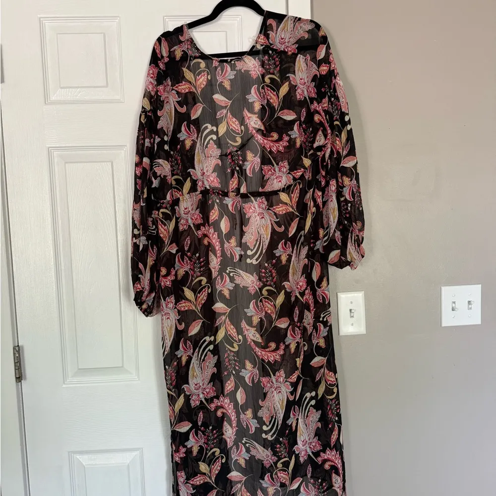 Floral Sheer Summer Cover Up Cardigan Maxi Length Resort Beach Vacation Black - Image 7