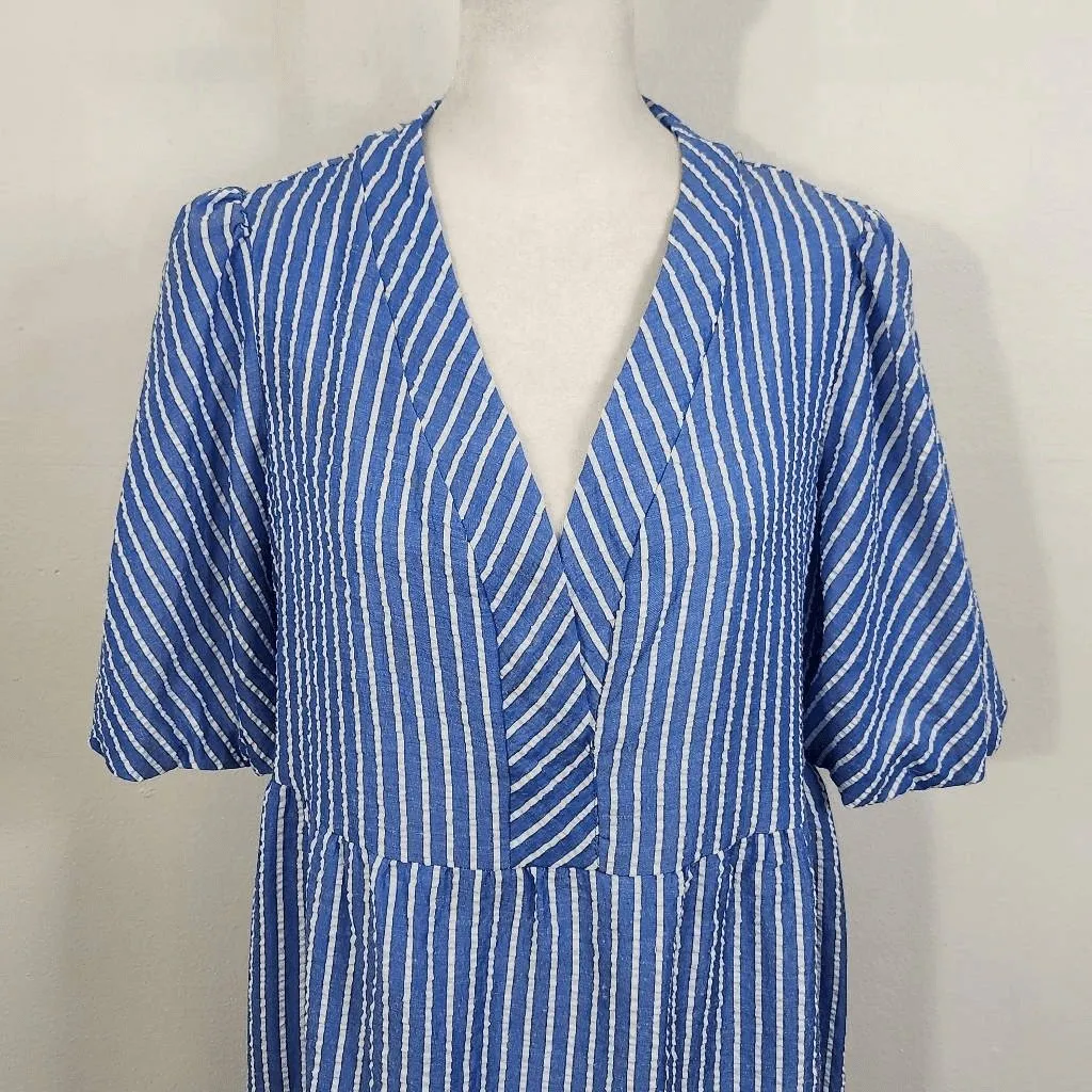 Sandra Darren Blue Stripe Tiered Dress Size 6 Preppy Puffy Sleeve Striped Dress - Image 3