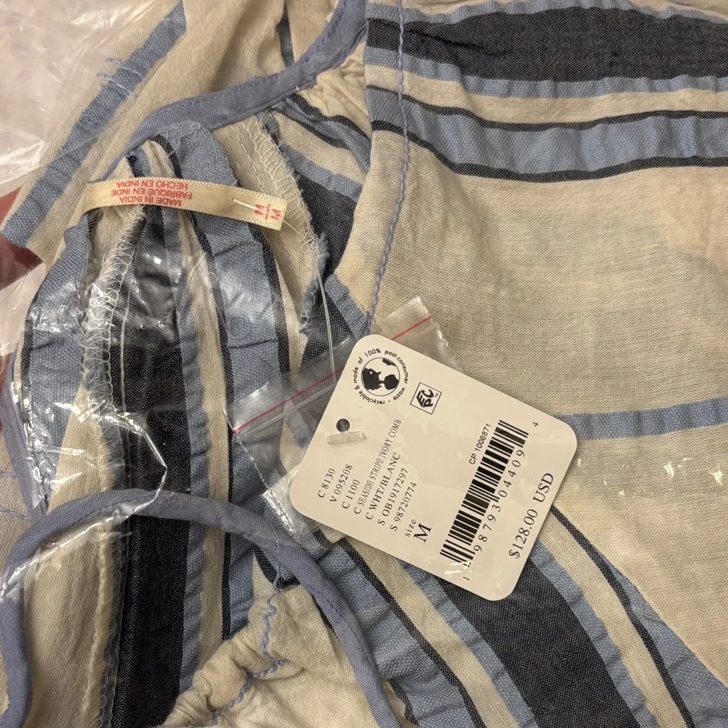 NEW! Free People BOP AROUND Romper M Seaside Stripe Ivory Blue Striped Shorts - Image 9