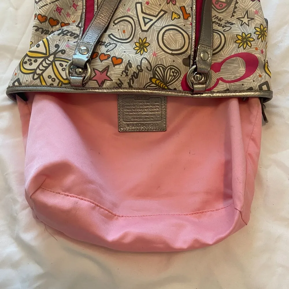 Coach #F15712 Poppy Butterfly Graffiti Pink and Silver Shoulder Bag Authentic - Image 13