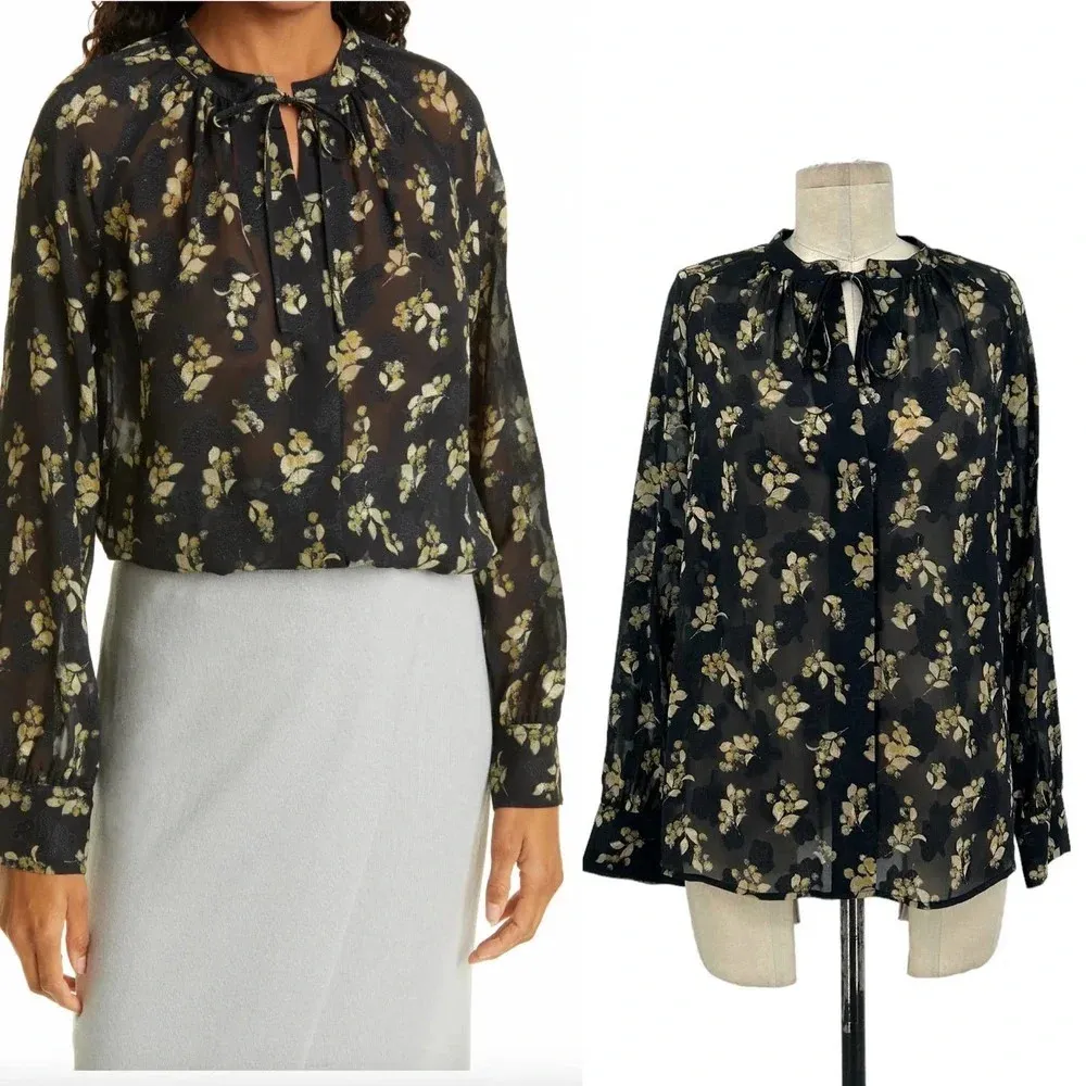 Vince Dandelion Poet Blouse‎ Gathered Floral-Print Silk-Crepon Black Size Small - Image 2