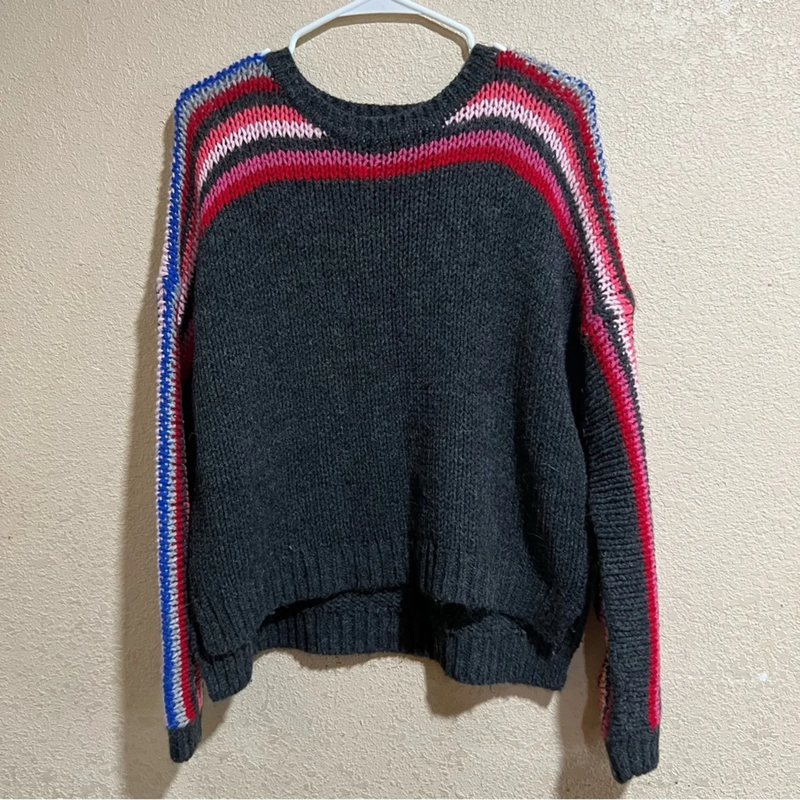 Xirena Teton Apres Ski gray knit striped high low sweater - Image 2