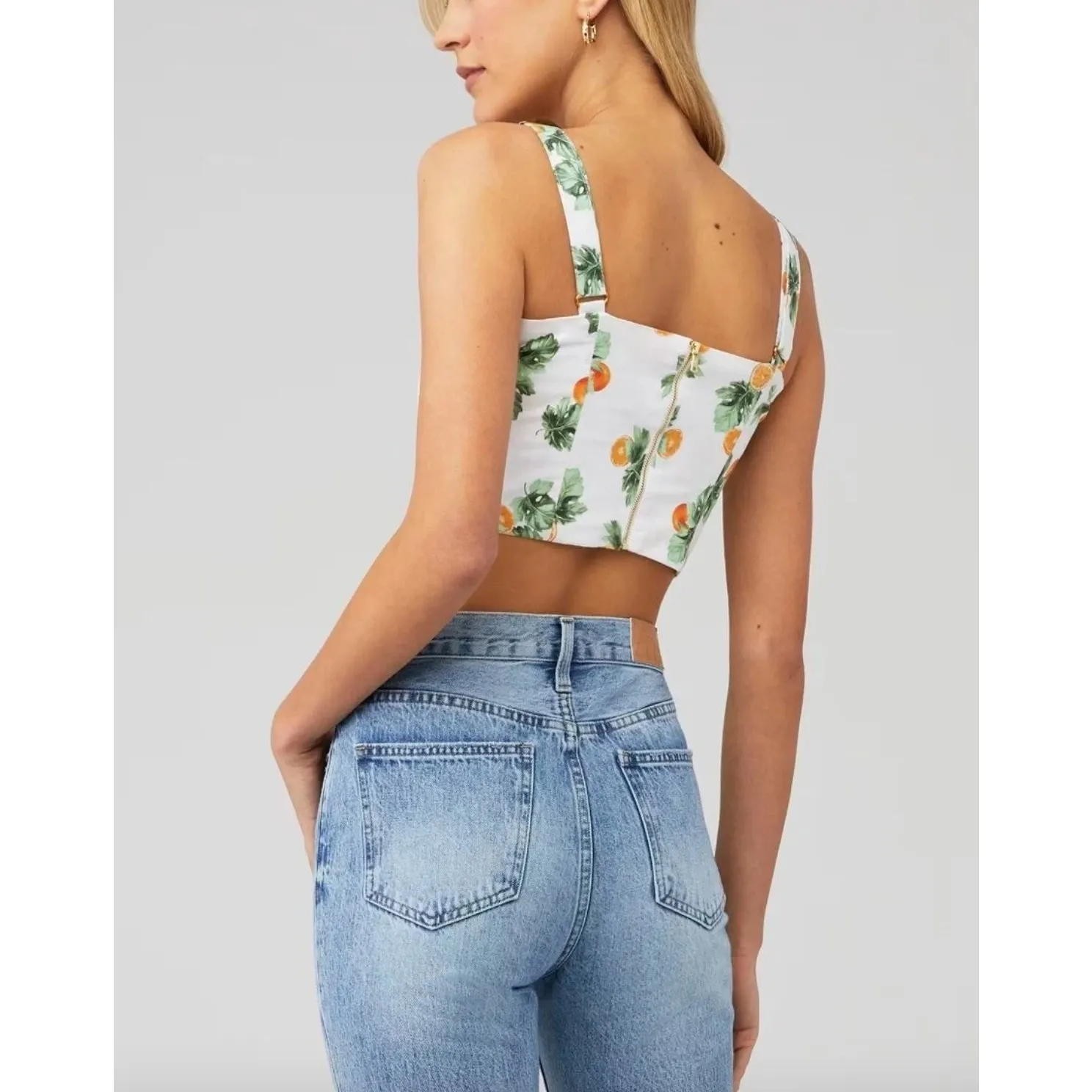 WeWoreWhat Straight Neck Corset Crop Top Orange Fruit Print  Womens Size Small - Image 2