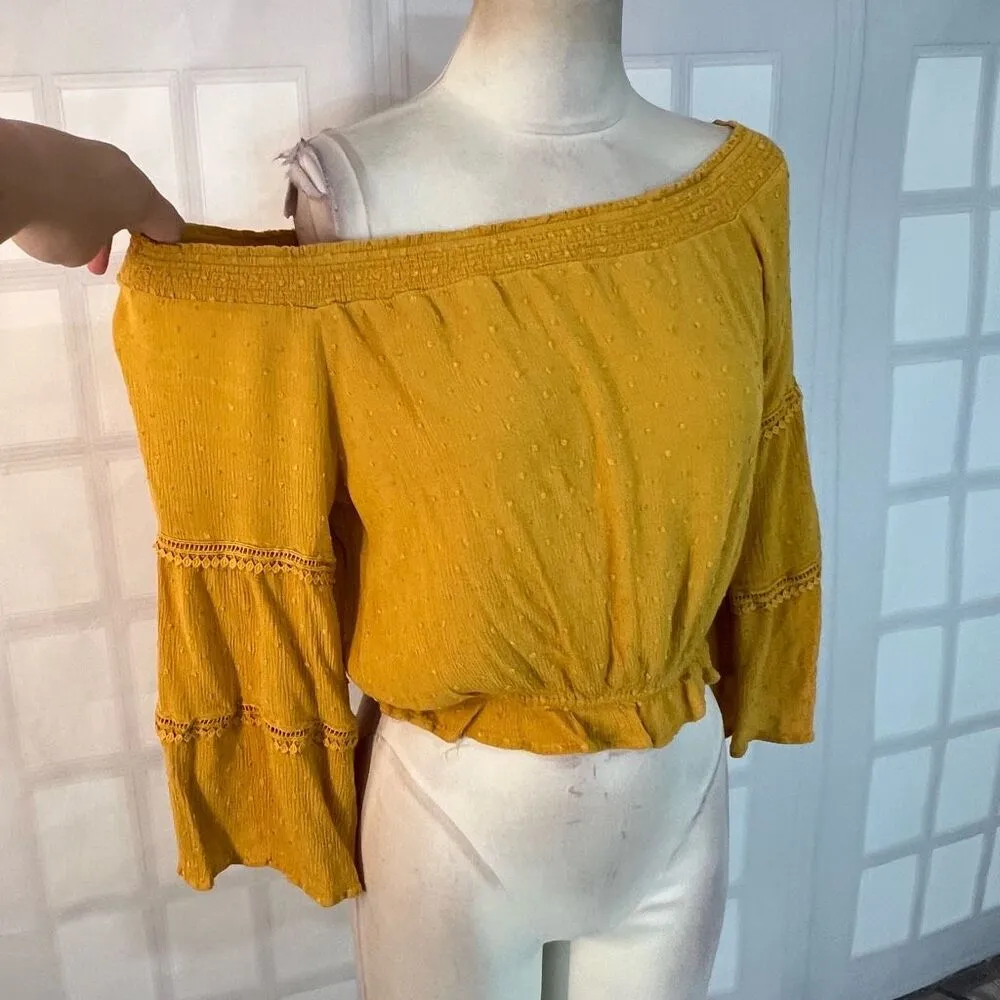 Lulu’s Sunny Story Mustard Yellow Lace Bell Sleeve Off-the-Shoulder Top size med - Image 6
