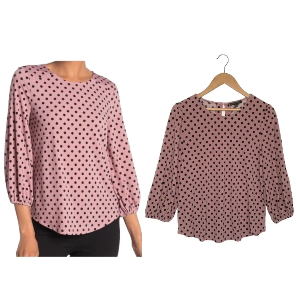 Adrianna Papell Top Womens M Polka Dot Scoop Neck Puff Sleeve Mauve Pink - Image 13