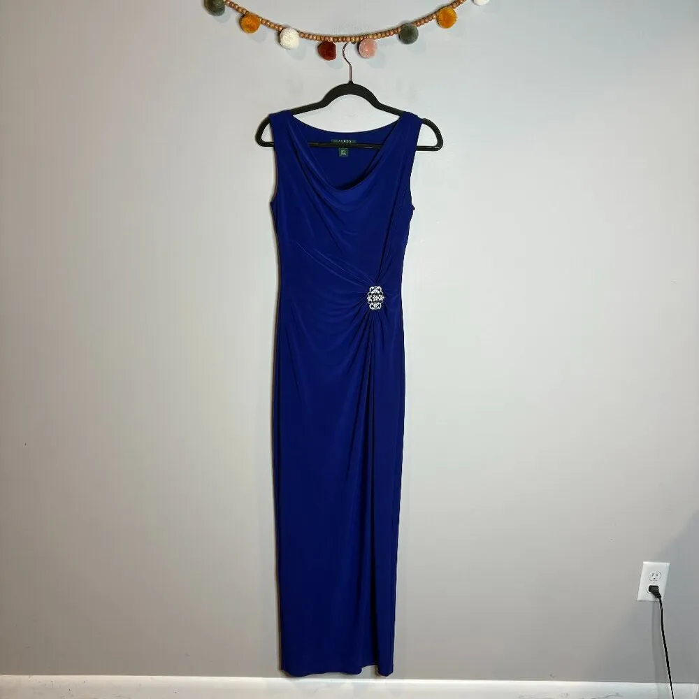 Lauren Ralph Lauren royal blue slit maxi dress ruched embellished - Image 2