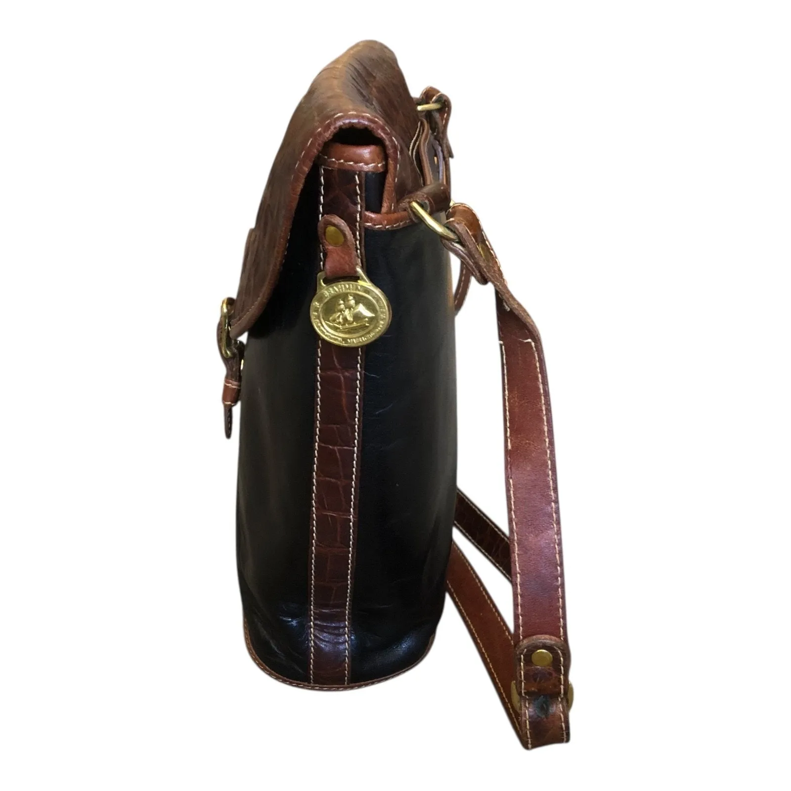 Brahmin Bucket‑Style Crossbody Bag Leather Alligator Flap Adjustable Strap - Image 2