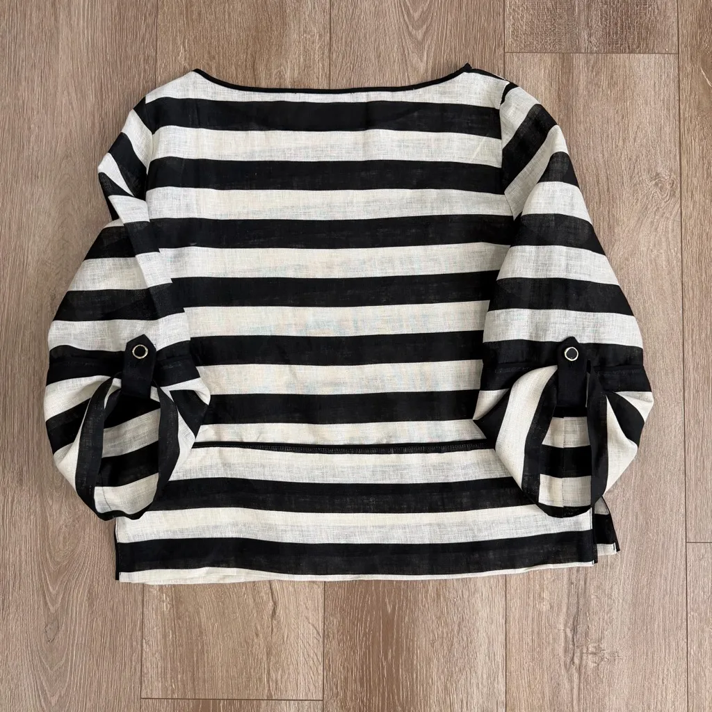 Zara 100% Linen Crispy Striped Top Blouse Women M Roll Tab Kimono Sleeves NWOT - Image 10