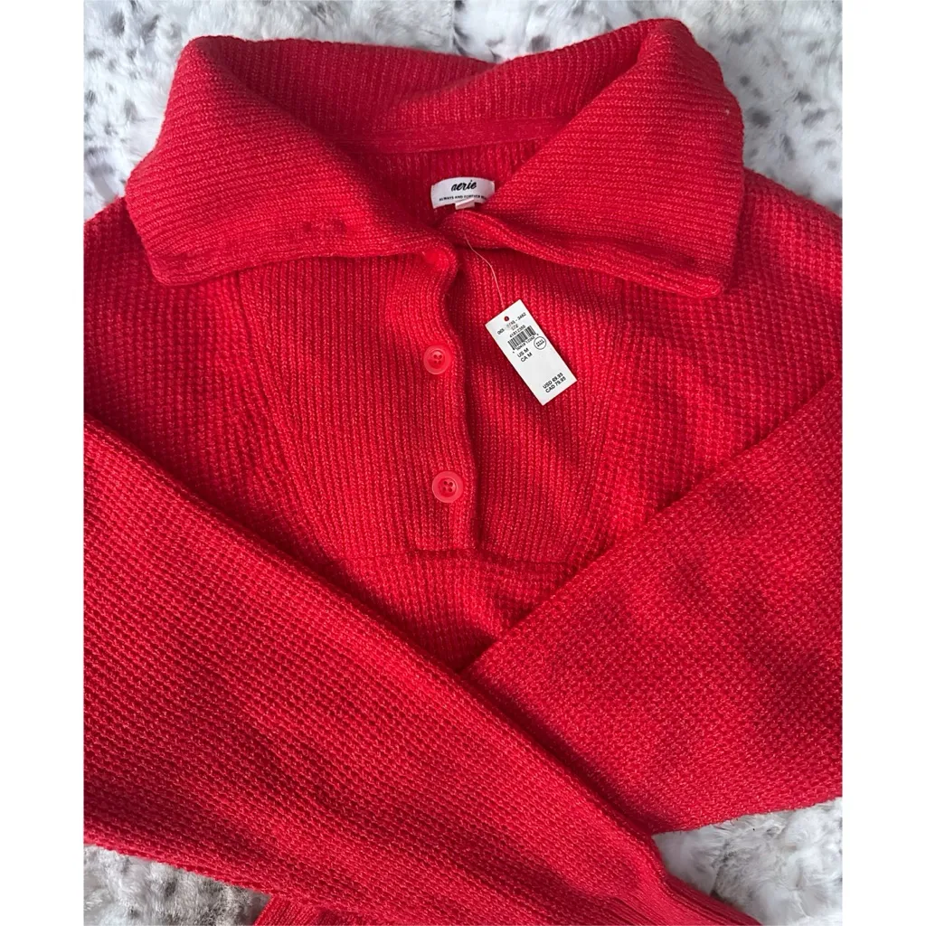 NWT Aerie Red Cozy Up Waffle Button Sweater - Image 9