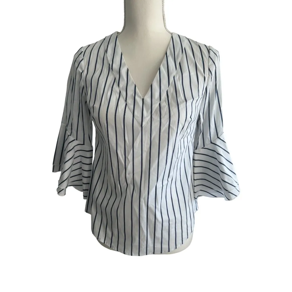 WHITE HOUSE BLACK MARKET WHBM Blue White Striped Shirt Blouse Size 0 - Image 3