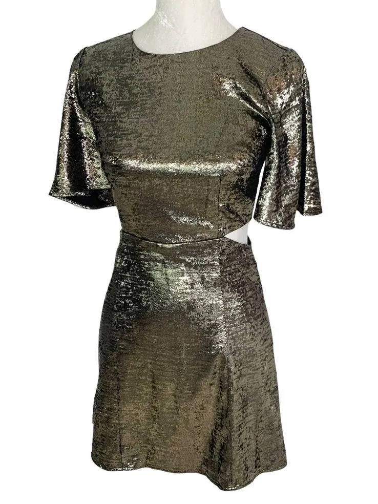 French Connection Alara Metallic Flutter Sleeve Cutout Minidress Gold Size 2 NWT - Image 4