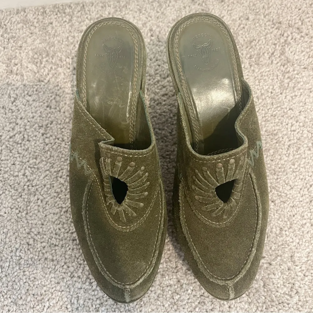 Frye‎ Suede Clog Womens Green Sz 6 Ingrid Apron Leather Block High Heel Slip On - Image 5