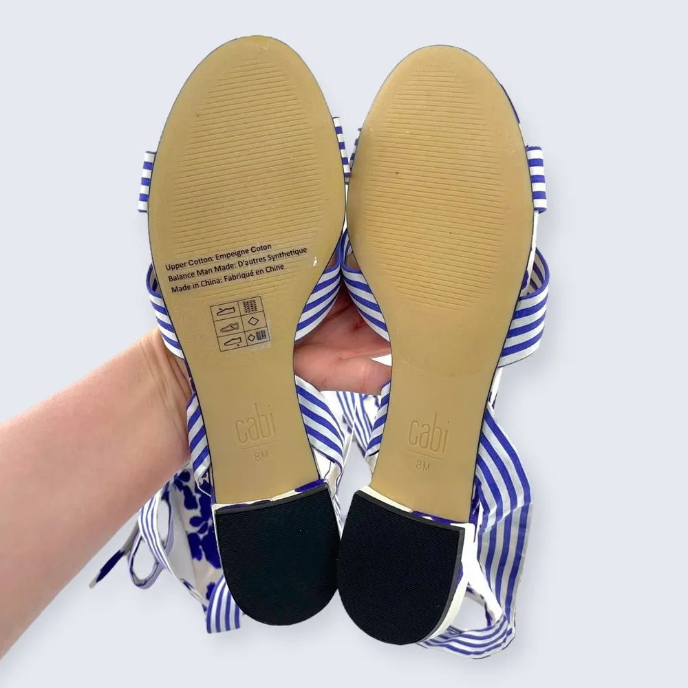 Tied Up Watercolor Blue Floral Striped Cotton Ankle Wrap Sandal 6013 8 NWOB - Image 8