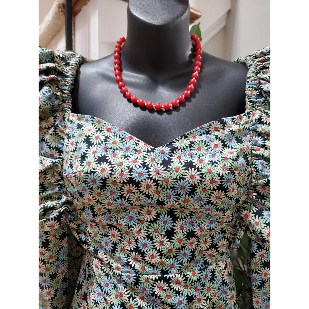 Zara Trf Poplin Daisy Puffy Balloon Shoulders Long Sleeve Knee Length Dress S - Image 2