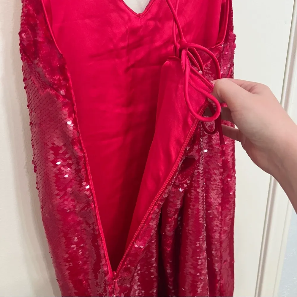 NEW Ganni Women's Red Sequined Satin Dress - Image 6