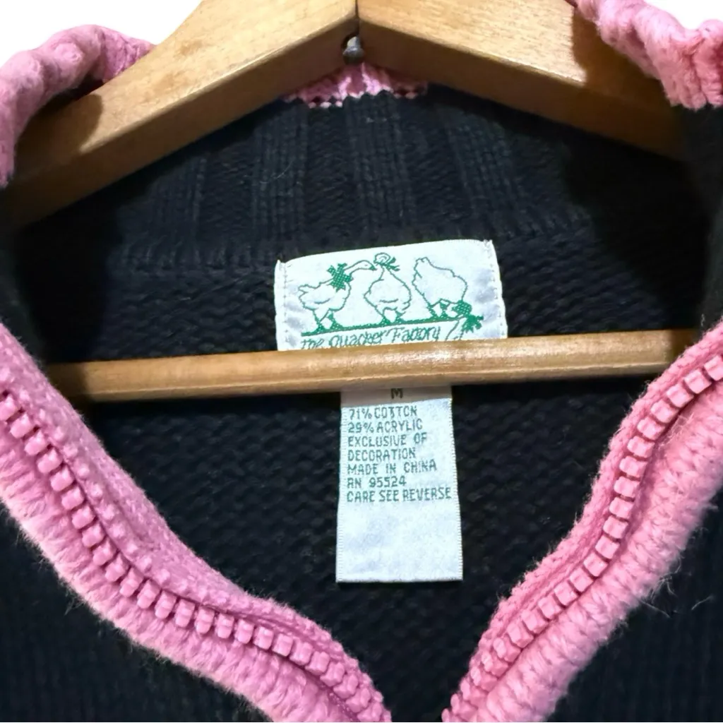 The Quacker Factory Vintage Black Pink Pig Quarter Zip Sweater - Image 5