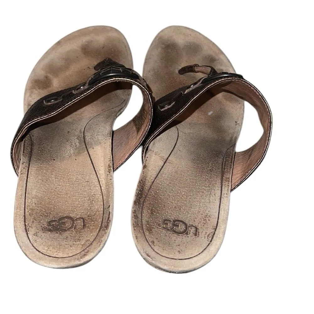 Ugg Bronze Leather Thong Cork Wedge Sandals 7 - Image 2