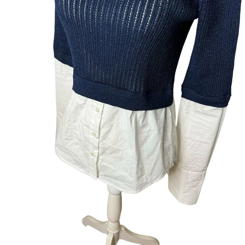 Veronica Beard Kaley Mixed Media Sweater Navy Blue White Small - Image 4