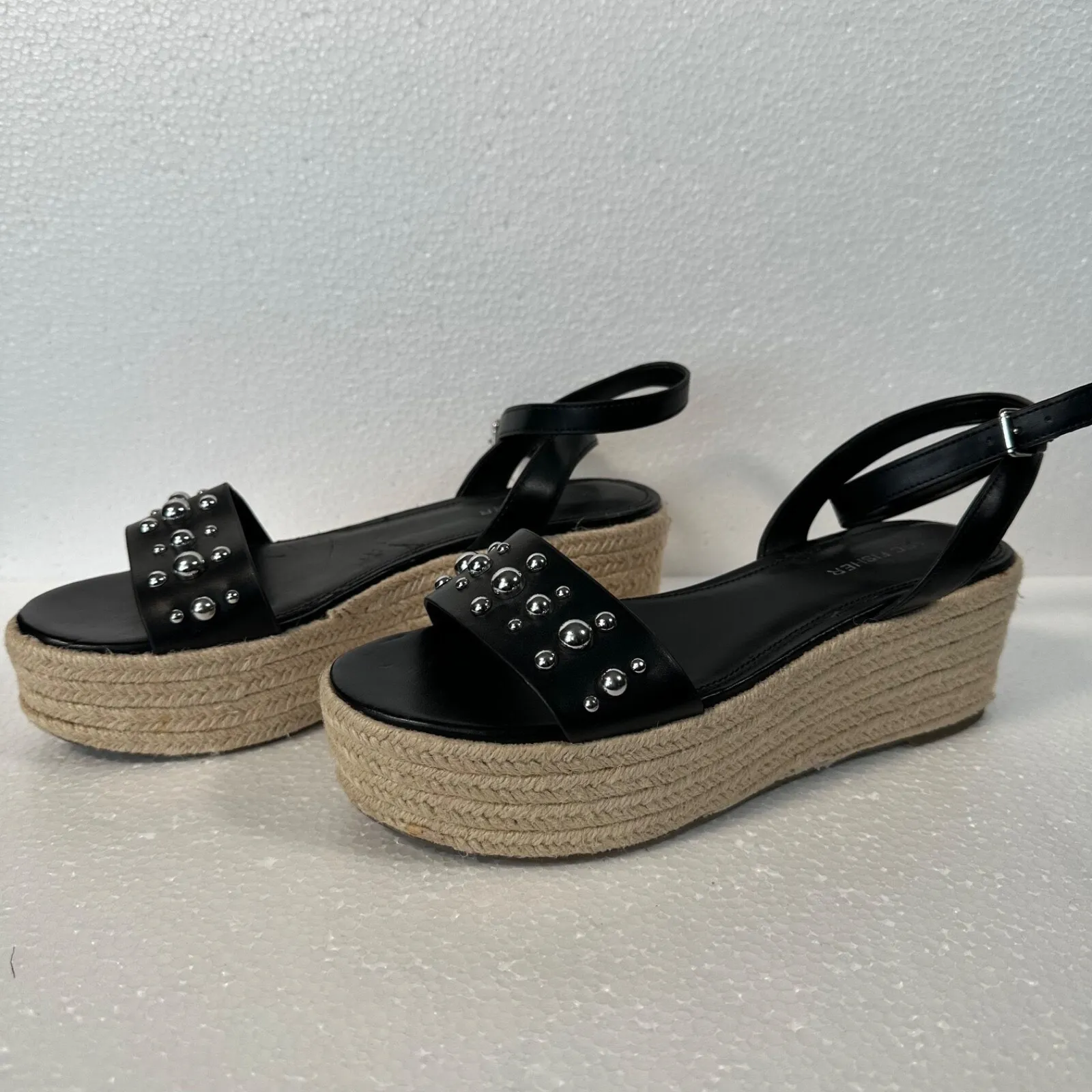 Marc Fisher Studded Espadrille Wedges Women's 8.5 Joyce Black Ankle Strap 2.5" - Image 6