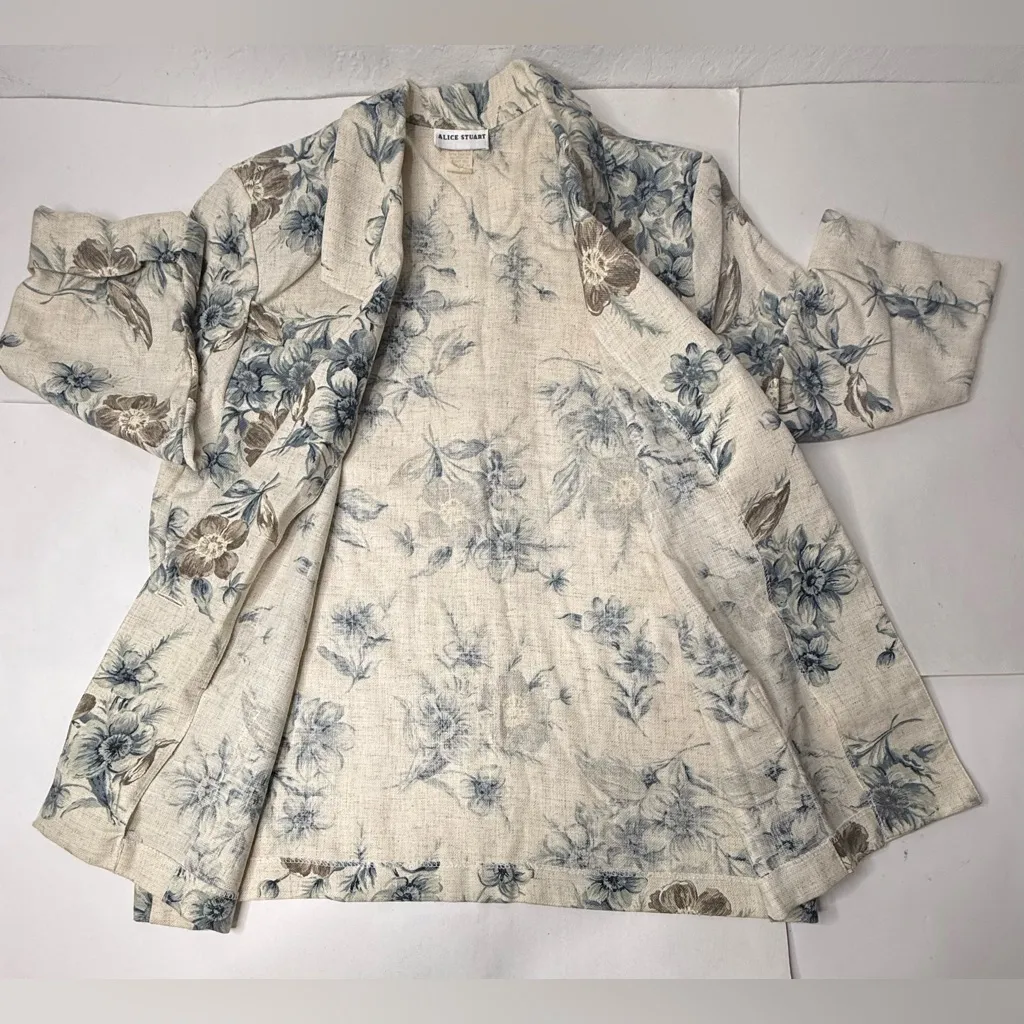 Vintage Alice Stuart Womens Sz L Blue Beige Linen Blend Jacket Blazer Floral USA Size L - Image 10