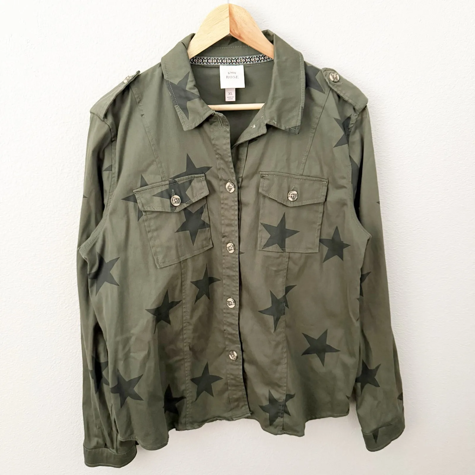 KNOX ROSE | Olive Army Green Star Print Button Front Utility Jacket Shacket | XL - Image 2