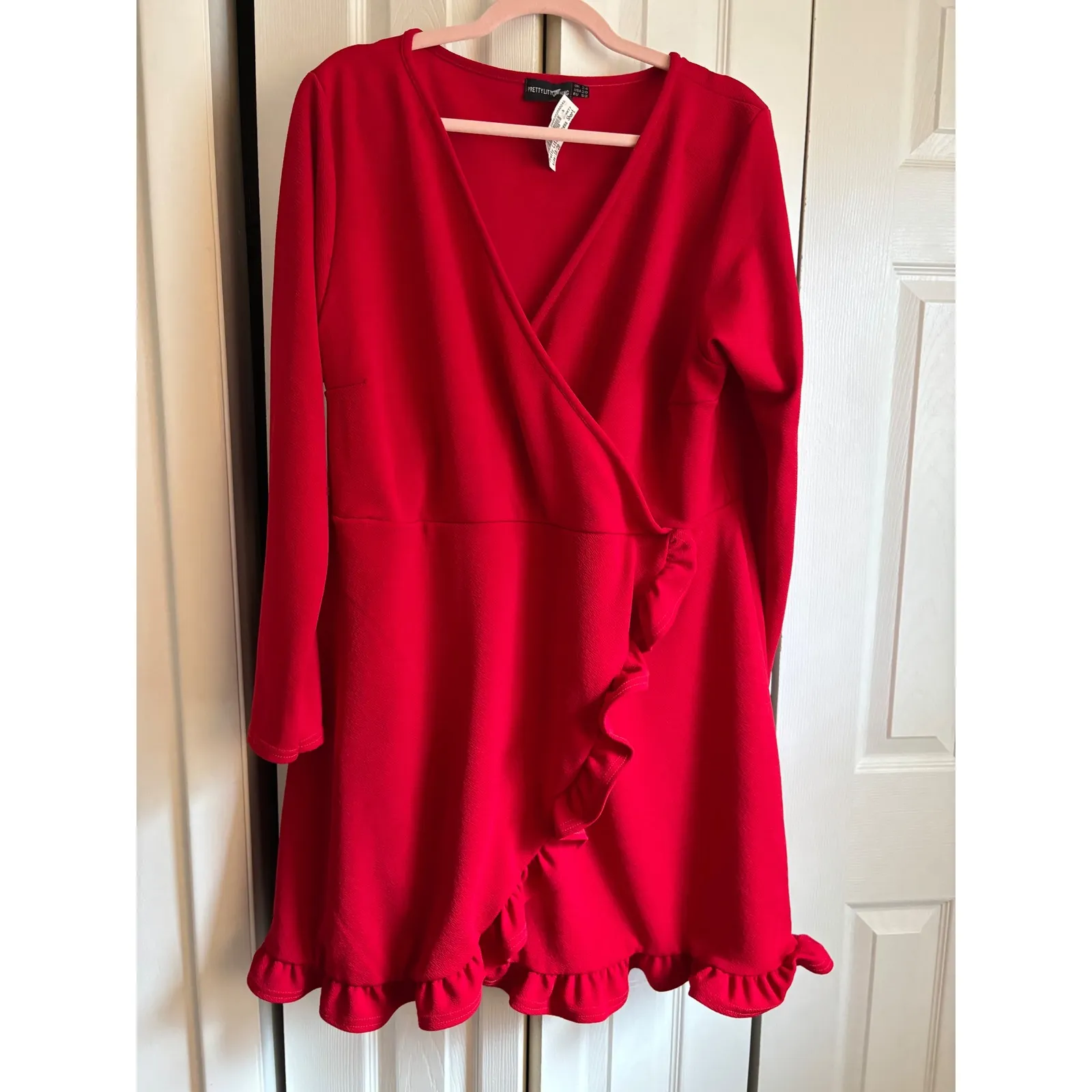 PrettyLittleThing Red Ruffle Trim Dress – NWT – Size 20 – Flirty Wrap Front - Image 2
