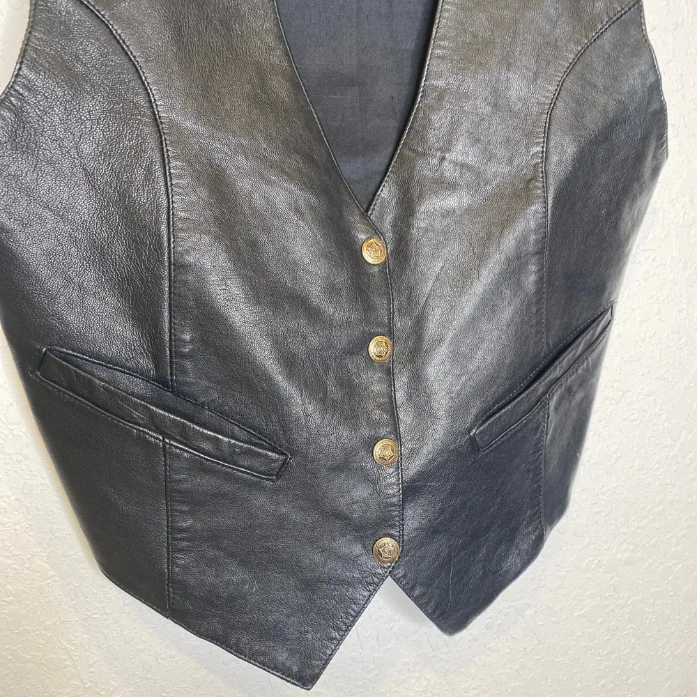 Mona Mode Black Leather Western Snap Closure Vest EUC Sz Sm Vintage - Image 2