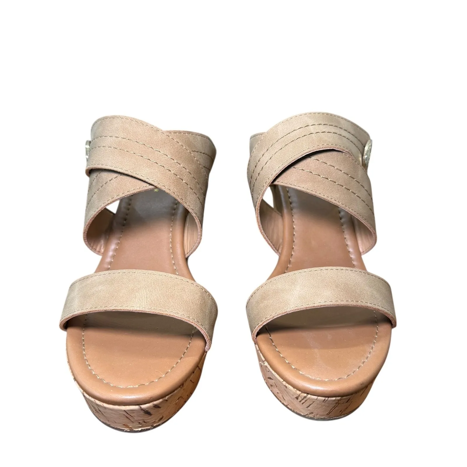 Tommy Hilfiger‎ Women's Beige Faux Leather Cork Wedge Heels Platform Sandals 10M - Image 2