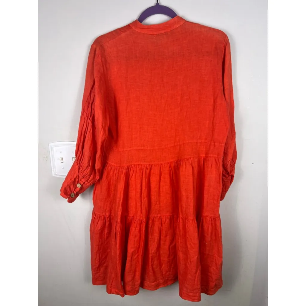 Made in Italy 100% Linen Dress Coral/Orange Tiered Button Front One Size Resort Orange - Image 7