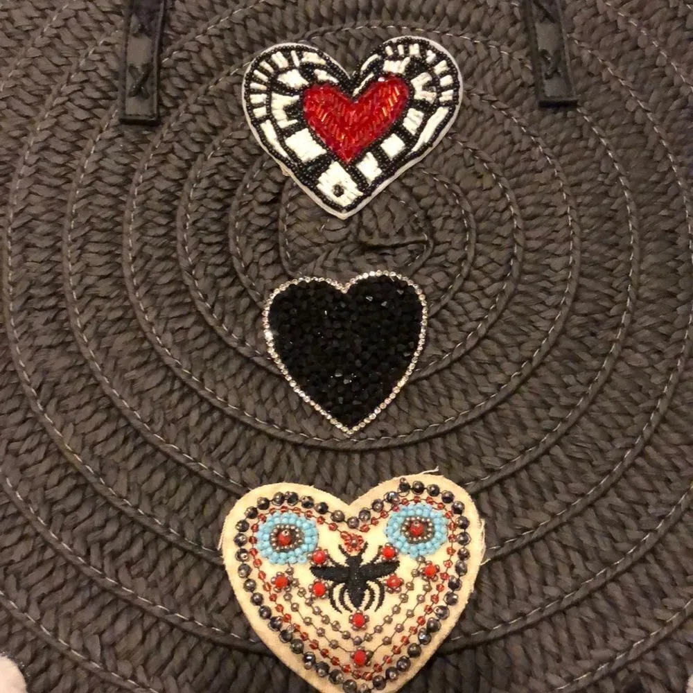 Btb Black Fringe Half Round Straw Tote Bag with Pom Poms and Heart Patches - Image 2