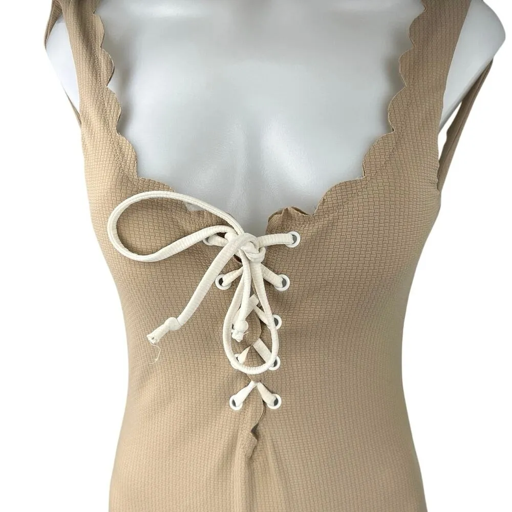 MARYSIA Broadway Tie Maillot Tan Lace Up Halter Scalloped One Piece Swimsuit S - Image 5