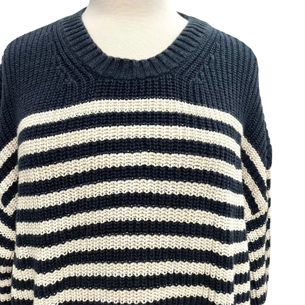 J CREW Oversized Stripe Preppy Cotton Crewneck Knit Sweater Blue White sz Medium - Image 2