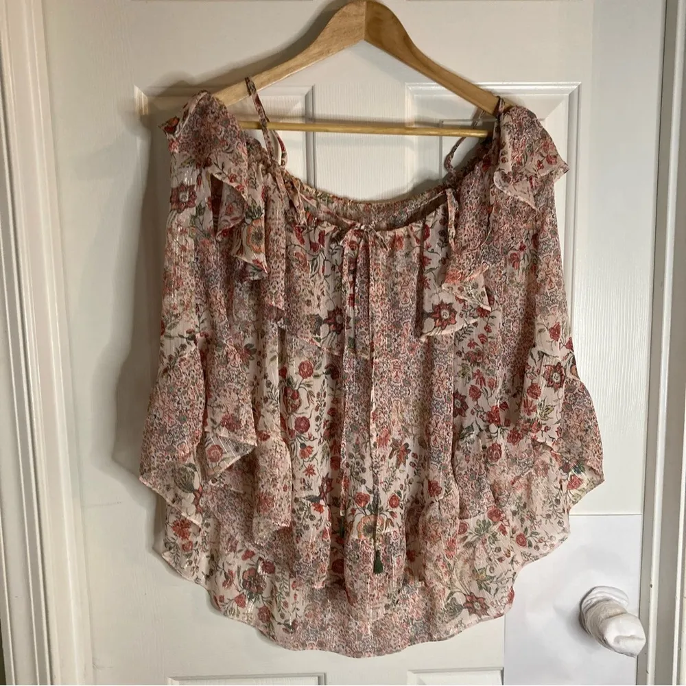 Victoria’s Secret Chiffon Shear Ruffled Spaghetti Strap Pink Floral Blouse Large - Image 3